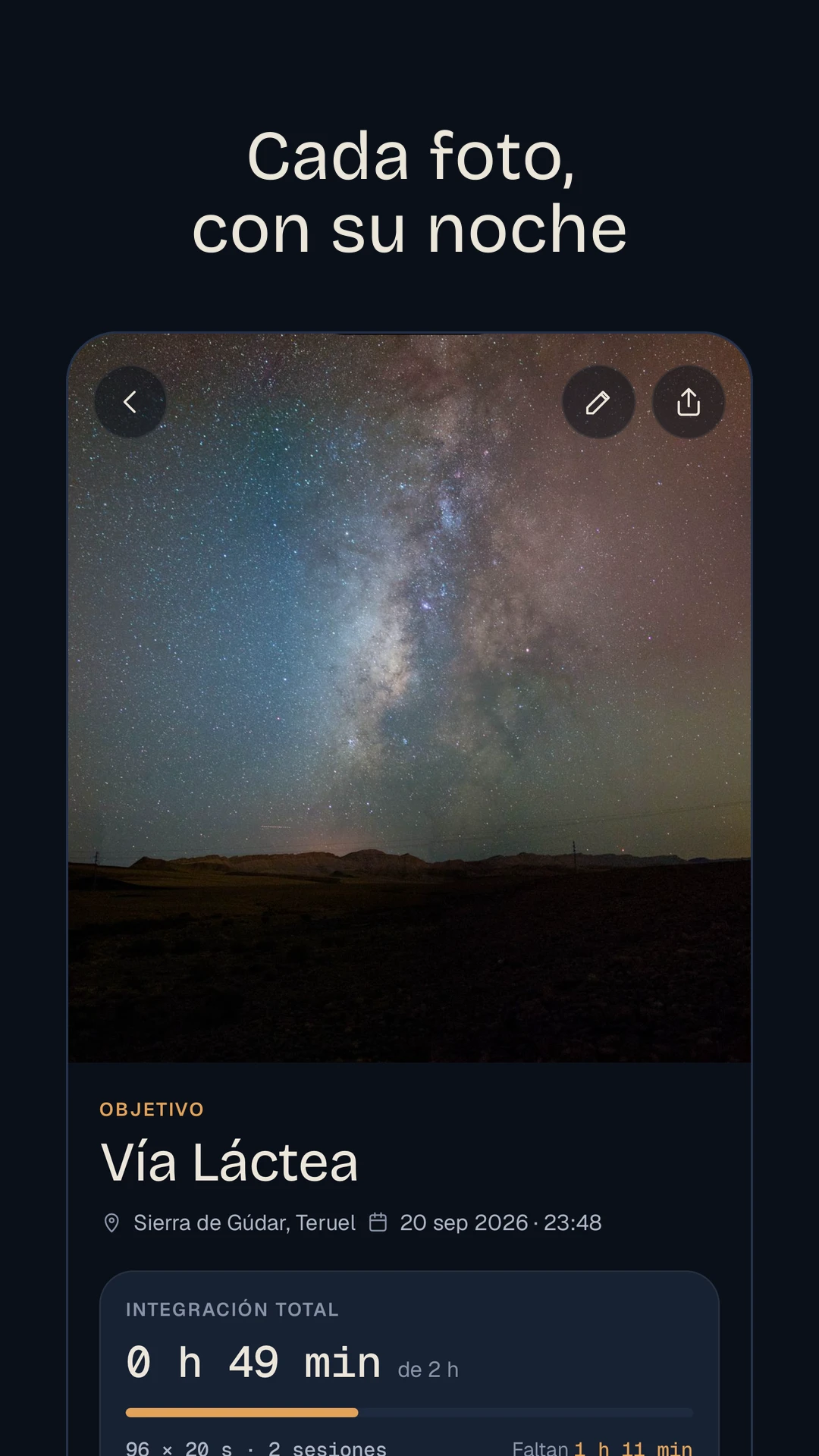 Ficha de una foto de la Vía Láctea en AstroExif