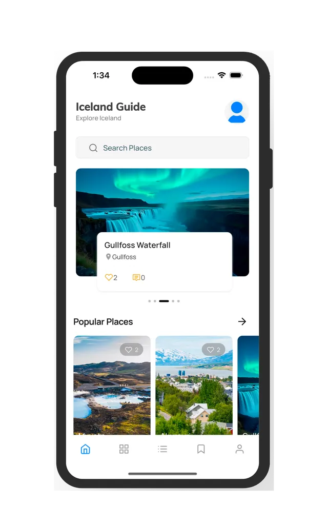 Pantalla de inicio de Iceland Guide con la cascada Gullfoss y lugares populares