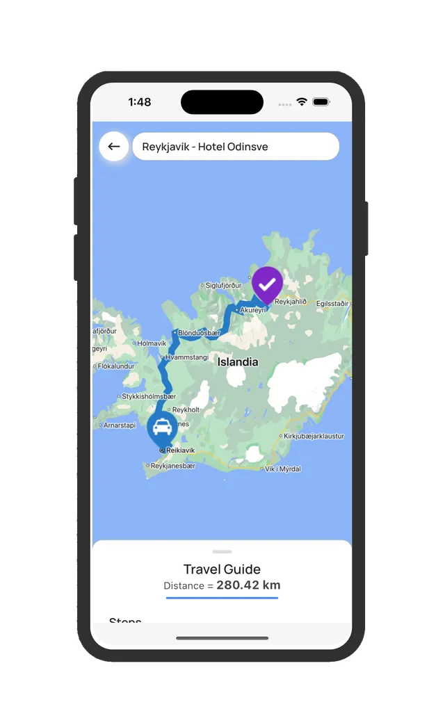 Mapa de una ruta por Islandia con distancia y paradas