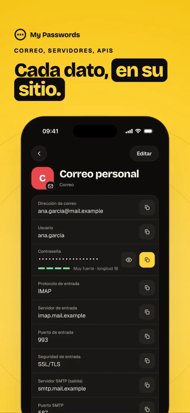 Ficha de una clave de correo con servidor, puertos y seguridad