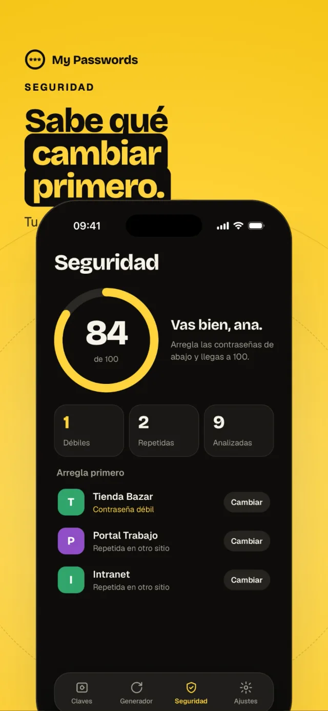 Panel de seguridad con contraseñas débiles y repetidas